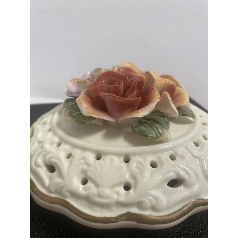Decorative Floral Porcelain Keepsake Box Bowl with Lid 6” Round - Picture 5 of 9